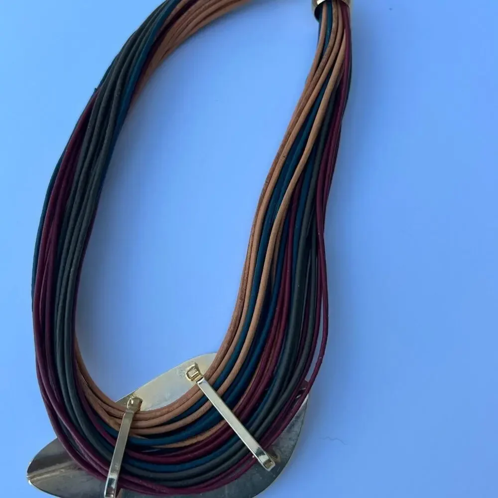 Necklace, multi strand, multi colored, gold leaf pendent. women's